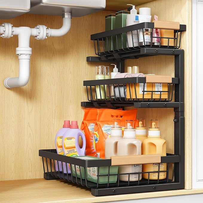 PXRACK Under Sink Organizer, 1-Pack 3-Tier Height Adjustable Thickened Metal Pull out Cabinet Organizer Shelf, Slide out Storage Drawer Rack for Bathroom Kitchen Pantry Home Organization, Black