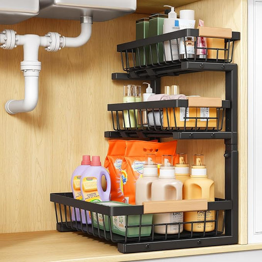 PXRACK Under Sink Organizer, 1-Pack 3-Tier Height Adjustable Thickened Metal Pull out Cabinet Organizer Shelf, Slide out Storage Drawer Rack for Bathroom Kitchen Pantry Home Organization, Black