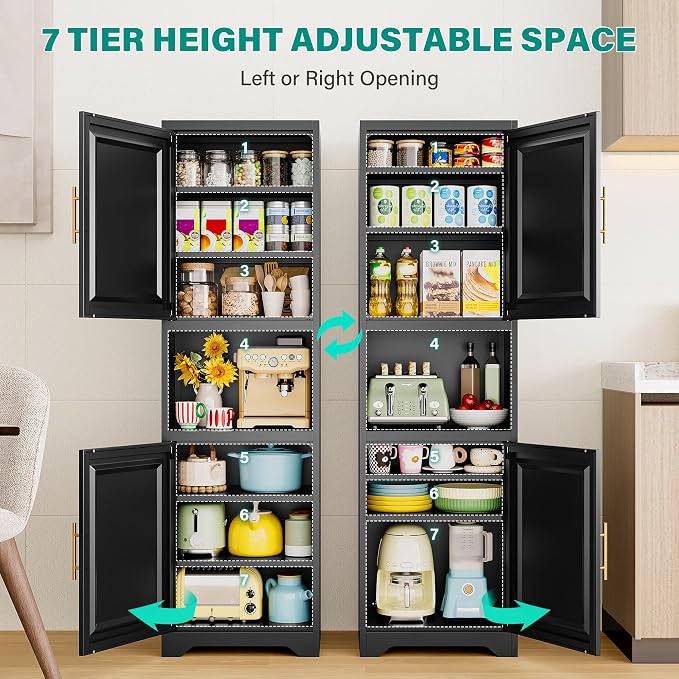SISESOL 67" Tall Narrow Storage Cabinet with 2 Door and 7 Shelves,Slim Kitchen Pantry Cabinet,Black Metal Bathroom Cabinets,Large Cupboard for Home,Kitchen,Laundry,Bathroom