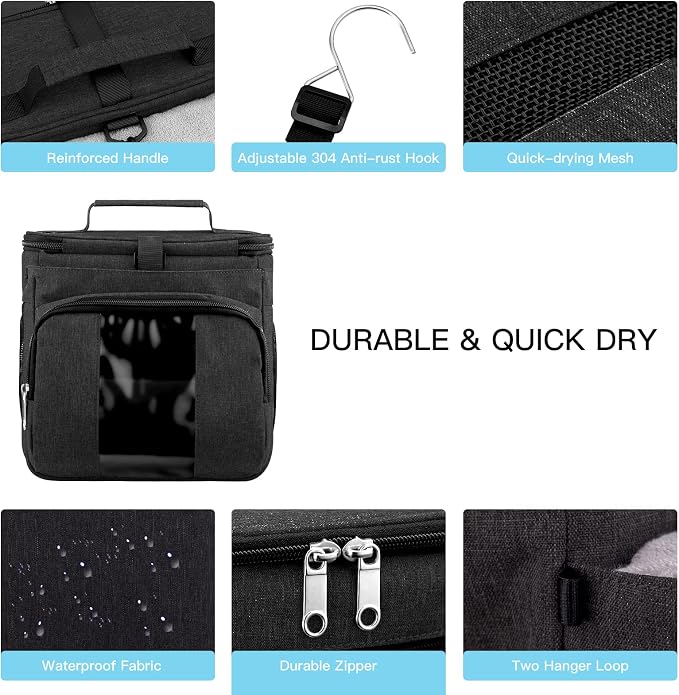 Bukere Portable Shower Caddy Tote Bag for College Dorm Travel, Separate Compartment, Large Capacity, Quick Dry Mesh Base, Hanging Toiletry Bath Bag for Student, Gym, Camp, Women Men (BLACK&BLACK)