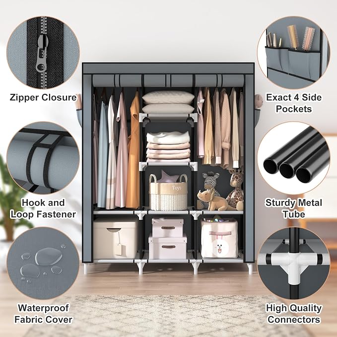 VTRIN Portable Closet Wardrobe for Hanging Clothes with 2 Hanging Rods and 8 Storage Organizer Shelves,Sturdy Large Wardrobe Closet for Bedroom Free Standing Clothes Rack with Cover,Grey