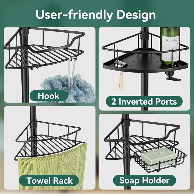 Corner Shower Caddy Tension Pole, 4 Tier Rustproof Shower Tension Rod Organizer, Adjustable 25-125 Inch Bathroom Shower Organizer Shelves for Bathtub Shampoo Storage, Black