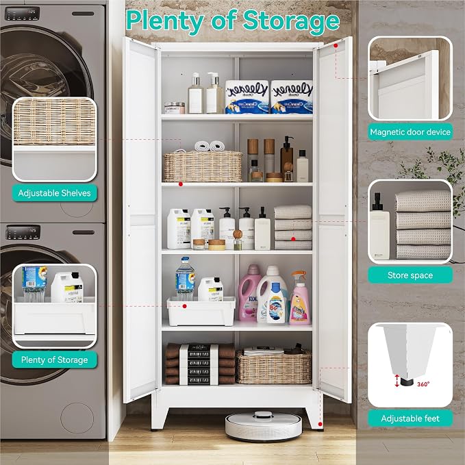 Metal Storage Cabinet with Doors and Adjustable Shelves | 71" Tall Pantry Cabinet for Kitchen Dining Room Bathroom Garage,White,1 Pce