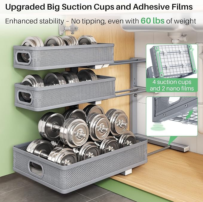 Kitstorack Under Sink Organizer, 1-Pack 3-Tier Height Adjustable Thickened Metal Pull out Cabinet Organizer Shelf, Slide out Storage Drawer Rack for Bathroom Kitchen Pantry Home Organization, Grey