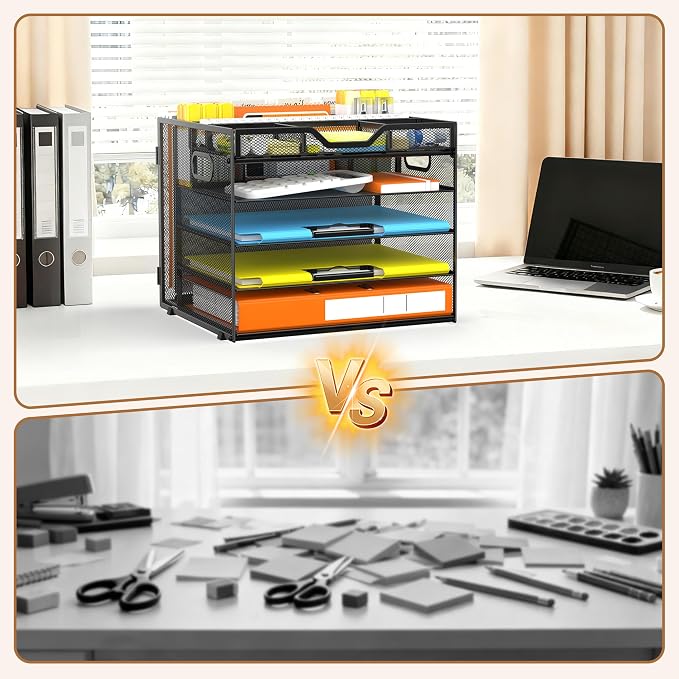 Docnest 5 Tier Desk Organizer with Hanging File Folder Holder&Tray, Black | Features 3 detachable pen holders and 4 removable dividers.Versatile mesh desktop storage for mail, document,office supplie