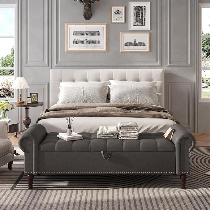 Apicizon 60” Bench with Storage, Upholstered Tufted Button Bedroom Bench with Storage, Faux Leather End of Bed Bench with Rolled Arms, Storage Ottoman Bench for Bedroom, Living Room, Entryway, Gray