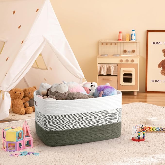 OIAHOMY Large Blanket Basket, 22”x17”x12” Rectangle Woven Baskets, Nursery Blanket Storage Living Room, Toy Storage With Handle, Large Baskets for Organizing-Green/White