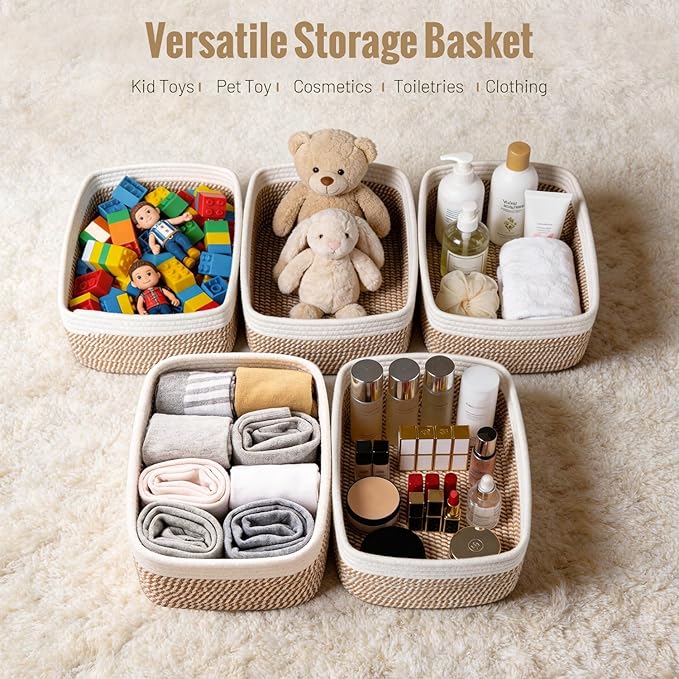 5 Pack Small Woven Storage Baskets for Shelves, Cotton Rope Baskets Organizer for Bathroom, Closet & Nursery, Decorative Storage Bins for Organizing Socks, Toys, 11.8"x7.9"x4.7", Khaki/White