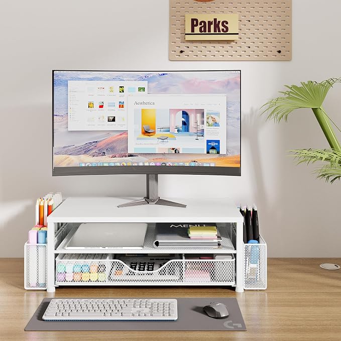 OPNICE Desk Organizer and Accessories, 2-Tier Computer Monitor Stand Riser with Drawer and 2 Pen Holders, Laptop Stand, Office Desk Accessories for Office Supplies, 1 Pack, White