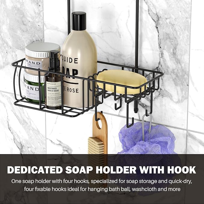 Epicano Shower Caddy Hanging,Large Capacity Shower Organizer,Black | Rustproof,Built-in Soap Dish & 4 Hooks for Loofahs,Suction & Adhesive Install,No Drilling Bathroom Shelves for Inside Shower