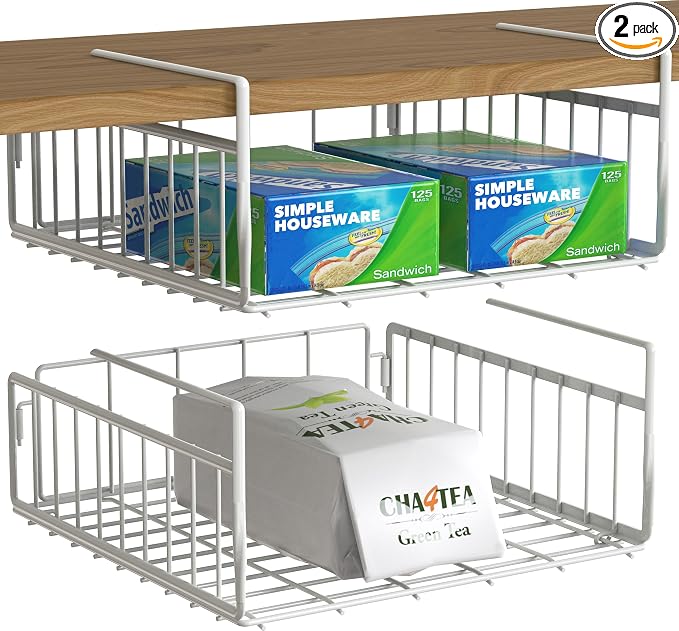 Simple Houseware 2-Pack Under Shelf Wire Metal Basket Shelf, White | Space-Saving Storage Organizer for Kitchen, Pantry, Closet, Office, No Tools Required