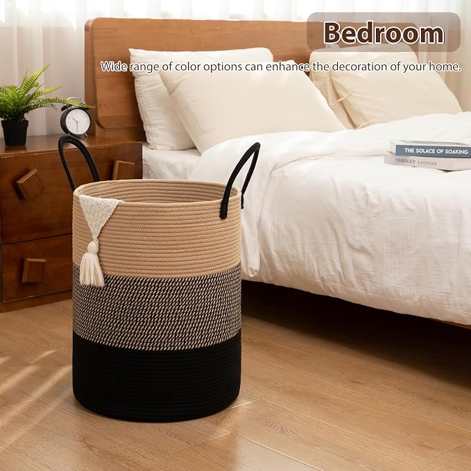 OIAHOMY Large Laundry Basket Hamper - 80L Cotton Rope Woven Basket for Blankets, Toys, Clothes - Tall Decorative Nursery Hamper with Long Handles, Yellow/Black