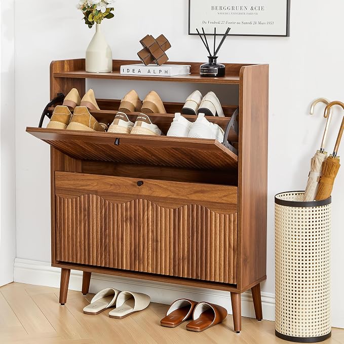 BERRYMERRY 31.5" Fluted Walnut Shoe Storage Cabinet with 2 Flip Drawers | narrow,entryway,adjustable feet,24 pairs shoe,shoe organize,hidden shoe rack,fluted panel,wave pattern,wood,space saving
