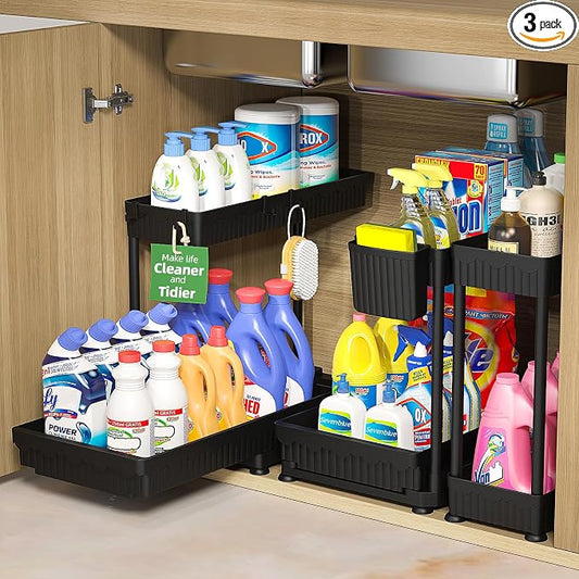 Sevenblue 3 Pack Multi-Purpose Pull-Out Storage Organizers, 2-Tier L-Shaped Under Sink/Cabinet Organizers and Storage for Bathroom & Kitchen, (Black, 12.85 Inches) | Multi-use kitchen & bathroom storage, 12.85 inch black cabinet organizer, space-saving...