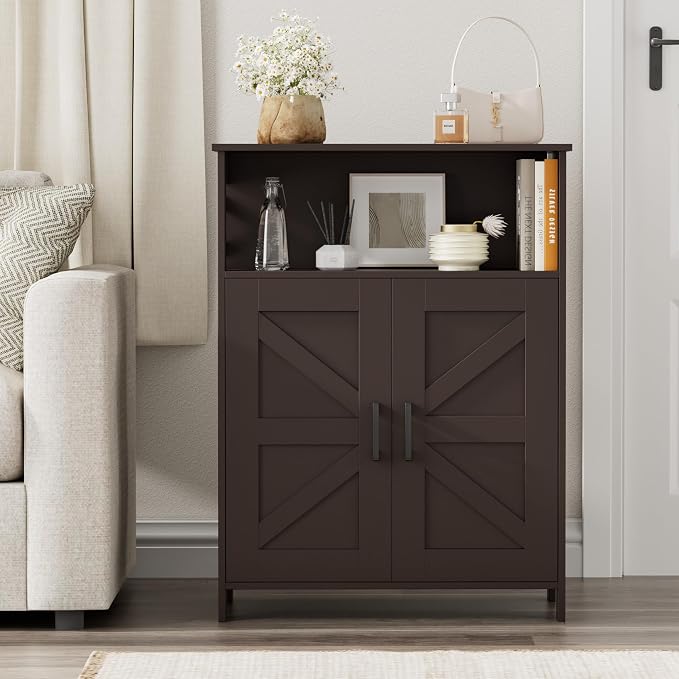 Homhedy Farmhouse Bathroom Storage Cabinet with Doors, Small Floor Cabinet | Toilet Paper Cabinet with Adjustable Shelf, Freestanding Storage Cabinet for Kitchen/Laundry/Living Room, 24"W, Brown