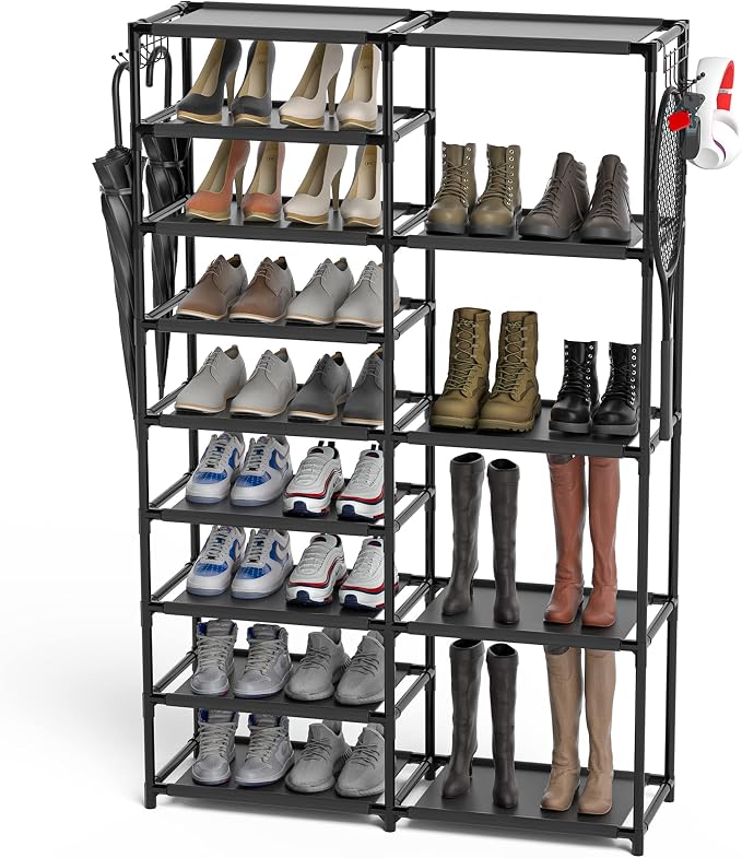 CSXGBAB Tall Garage Shoe Rack Large Capacity,Two Rows Versatile Hooks Storage Boot Shelf Black 24-35 Pairs