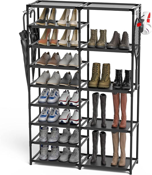 CSXGBAB Tall Garage Shoe Rack Large Capacity,Two Rows Versatile Hooks Storage Boot Shelf Black 24-35 Pairs