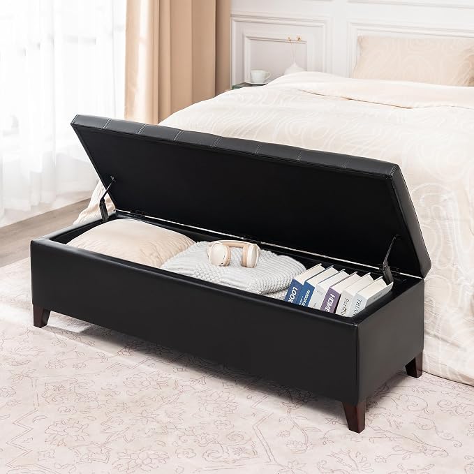 Black Ottoman with Storage Faux Leather Storage Ottoman Bench | 51 Inch Upholstered End of Bed Ottomans with Hinged Lid, Rectangle Long Foot Rest Bench for Entryway Living Room Bedroom
