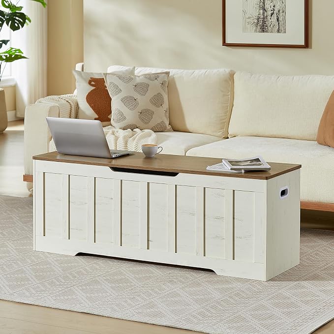 VANKILEY 51.2" Storage Chest Extra Large,Wooden Storage Bench,White+Brown | Chest with 2 Safety Hinges, 51.2*15.7*19.1inches, Wooden Trunk for Bedroom, Livingroom,Entryway,Easy Assembly.