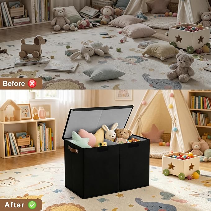 Bagnizer Large Toy Storage Box with Lids, Collapsible Sturdy Baby Storage Organizer Chest Bin Basket for Kids, Boys, Girls, Playroom, Nursery, Bedroom, Closet 25"x13"x16" (Black)