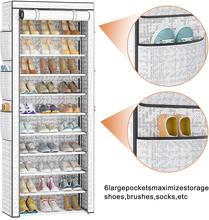 OYREL Shoe Rack Dustproof 10 Tier Tall Large Storage with 6 Storage Pocket | Space Saving Fabric Cover Shoe Organizer Shelf for Closet, Bedroom, Garage, Entryway, Narrow Free Standing Cabinet Holder