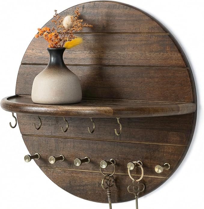 Rebee Vision Acacia Wood Key Holder Wall Mount for Room Decor, Dark Brown | Round Shape Design, Key Holder with Wall Shelf, Rich Wood Grain, Dual Hooks, Entryway Organizer, Home Finds for Living Room