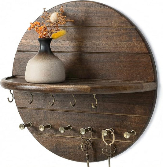 Rebee Vision Acacia Wood Key Holder Wall Mount for Room Decor, Dark Brown | Round Shape Design, Key Holder with Wall Shelf, Rich Wood Grain, Dual Hooks, Entryway Organizer, Home Finds for Living Room
