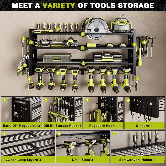 NattyDot Power Tool Drill Holder Wall Mount, 4Tier Garage Organizer, Black | 4-tier Utility Rack Stores 8 Cordless Drills, Batteries and Accessories while Freeing Extra Garage Wall Storage Space