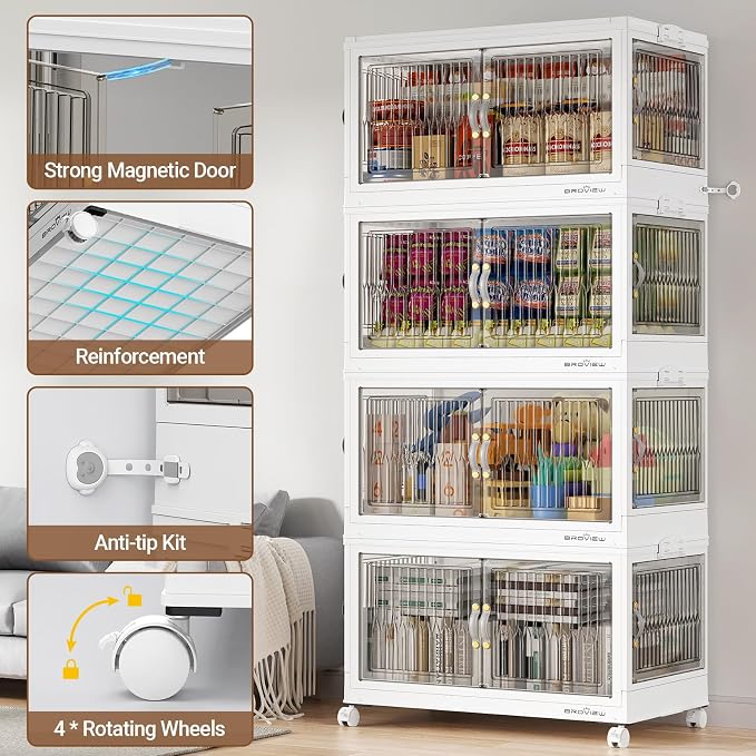 BROVIEW 480Qt Stackable Storage Bins with 4 Lids, Front and Side Open Doors, Plastic Collapsible Closet Organizer and Storage Cabinet, Foldable Box with Wheels Drawer for Home Office, 4Pack White