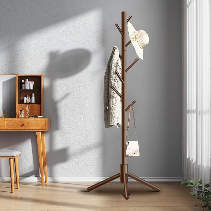 8-Hook Freestanding Coat Rack 3 Adjustable Heights Sturdy Brown | Easy Tool-Free Setup,Ideal for Entryway Bedroom Hallway Office,Holds Clothes Hats Handbags,Space-Saving Vertical Design