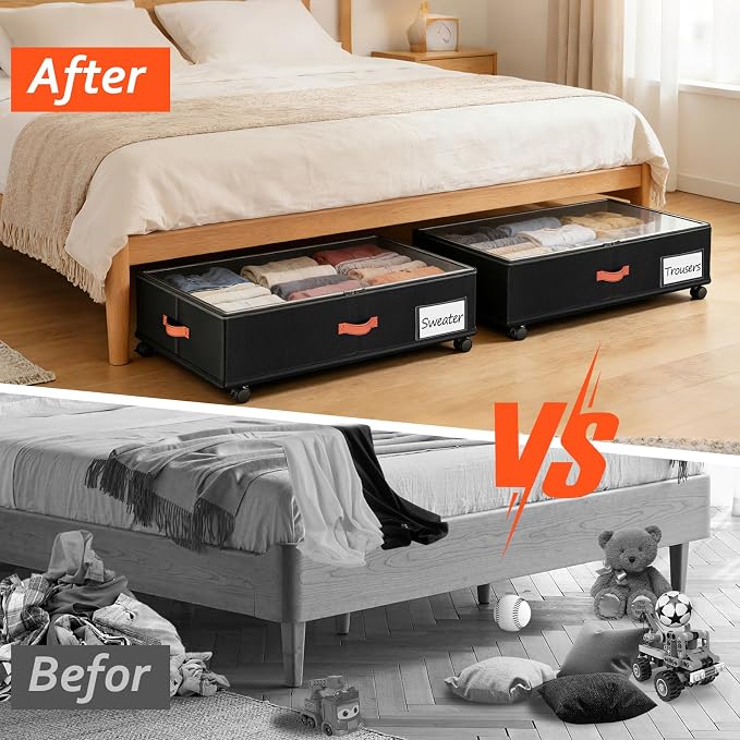 Under Bed Storage Containers - Stackable Plastic Storage Bins for Clothes, Shoes, and Household Items, Space-Saving, Clear