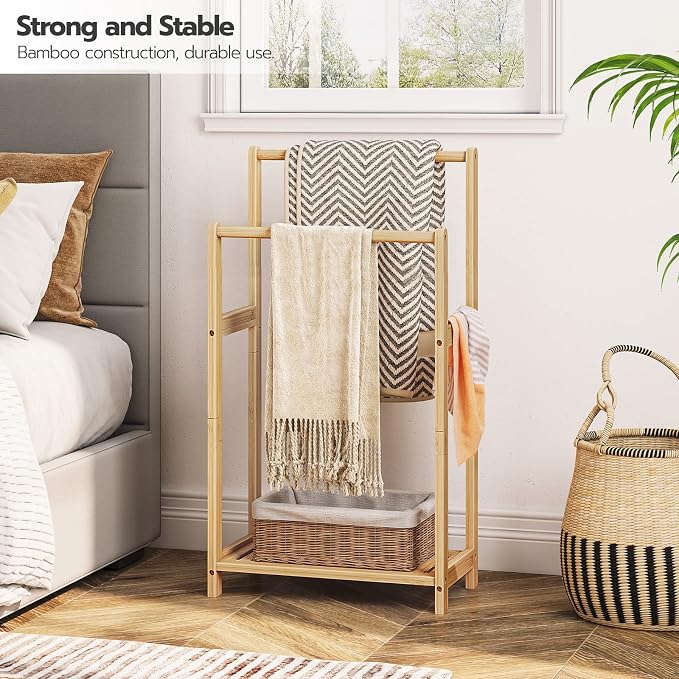 HOOBRO Freestanding Towel Rack for Bathroom, 2 Tier Decorative Bamboo Blanket Rack, Quilt Display Stand with Storage Shelf, 16.5" L x 9.4" W x 30.5" H, Bedroom, Living Room, Natural Color YL02LB01