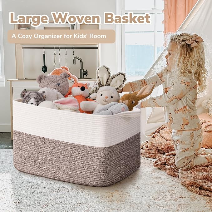 Goodpick Large Woven Blanket Basket with Handles, White & Brown | 21.6 x 14.9 x 11.8 in, Rectangle, Blankets, Toys & Towels Storage, Living Room, Bedroom & Nursery Organization