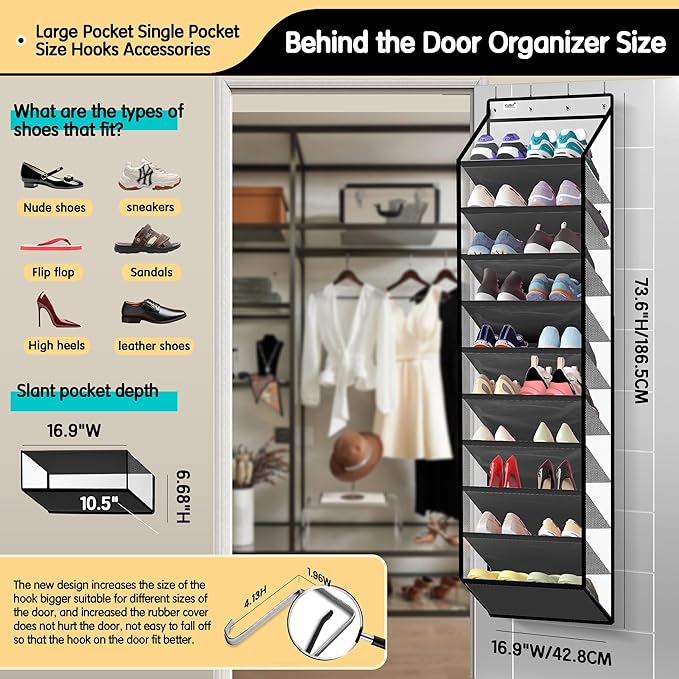 Kotkn 10 Tier Hanging Shoe Rack - Heavy Duty Behind The Door Hanging Shoe Rack, Sturdy Oxford Cloth, 20+ Pairs Over The Door Shoe Cabinet for Boots and Sneakers - Save 50% Closet Space! (Piano White)