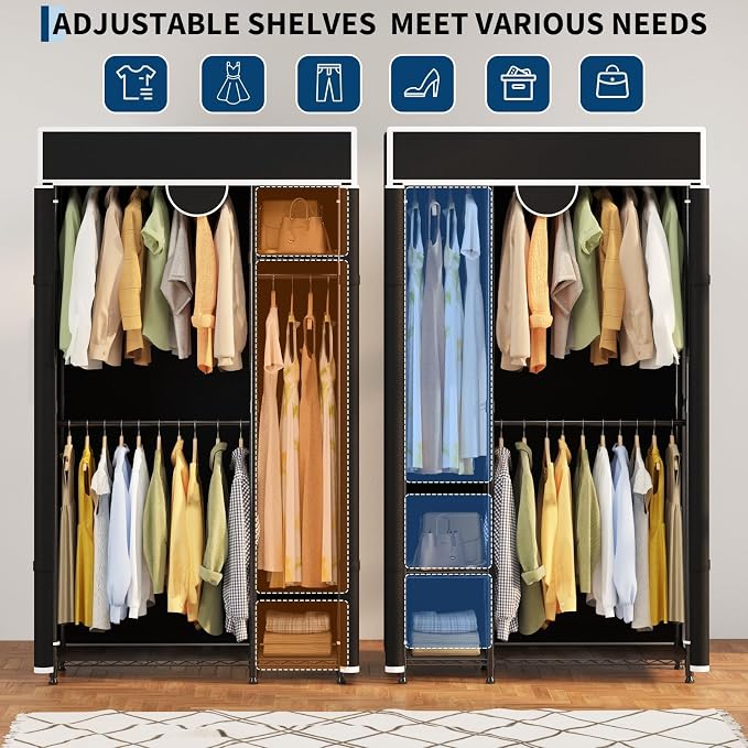 Heavy Duty Garment Rack 720lbs Load Closet Wardrobe with Cover Clothes Rack for Hanging Clothes with Adjustable 3 Shelves & 3 Hanging Rods 76.46" H X 43.31" L X 15.75" W Black