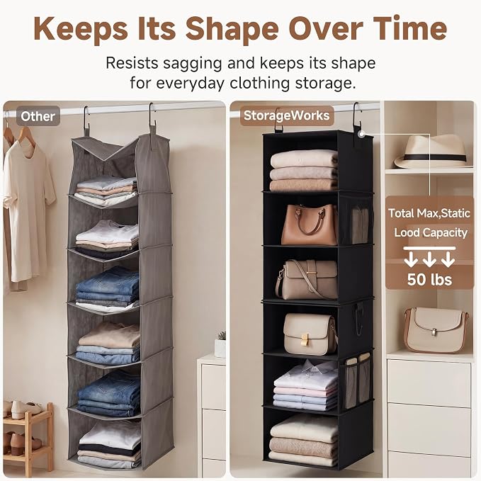 StorageWorks Hanging Closet Organizer 6-Shelf, Separable Two 3 Shelf Closet Storage Organizer with Side Pockets, Portable Hanging Shelves for Clothes, Sweater,12 1⁄2" D x 12 1⁄2" W x 47 ¼"H, Black