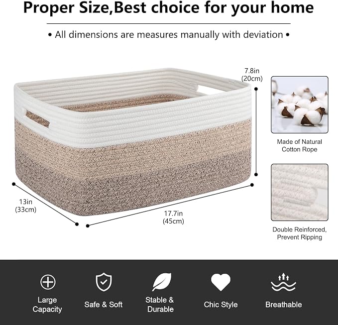 OIASKET Large Storage Basket for Organizing, Woven Rope Basket for Shelves, Closet Organizer Bins for Clothes, Blanket, Toys, Baby Nursery Storage, 17.7" x 13" x 7.87", 2 Packs Gradient Yellow