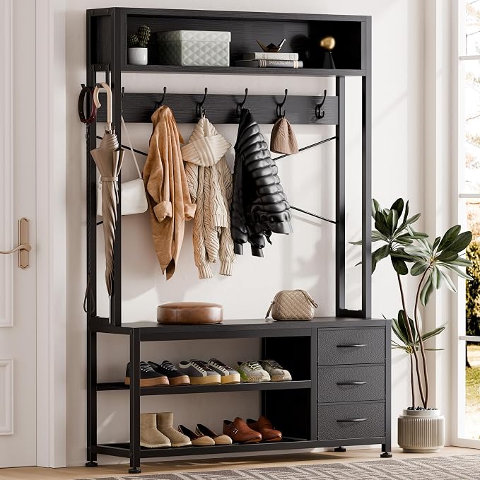 Hall Tree with Bench and 3 Drawers Storage, 39.4" Coat Rack Freestanding