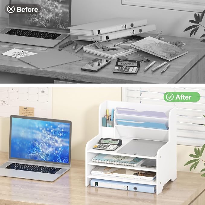 Bamboo File Organizer for Desk, Paper Tray with Pen Holder-White | Open tiers and a pen holder sort Letter/A4 paper, folders and office supplies while keeping your workspace clutter-free