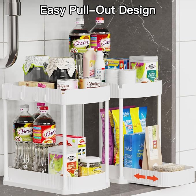 Ukeetap 2 Pack Multi-Purpose Pull-Out Storage Organizers, Under Sink & Cabinet Storage, 12.8 Inch, White