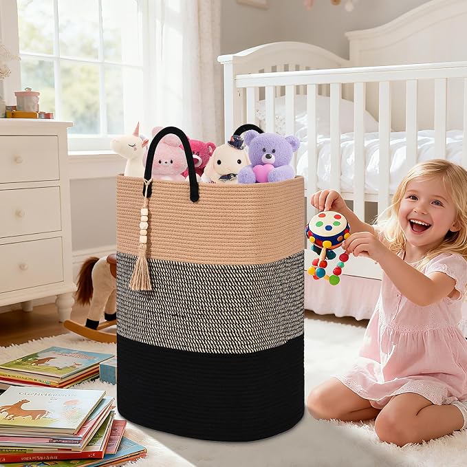 Woven Laundry Basket for Clothes, 50 L Large Rectangle Laundry Hampers with Beads Tassel, Nursery Storage Basket for Toys, Tall Dirty Clothes Hamper for Bedroom Aesthetic, Laundry Room Organization