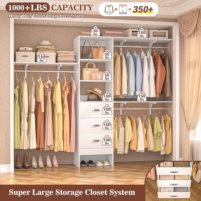 iSunirm 8FT Closet System, 96'' Closet Organizer System with 3 Hanging Rods, Wall Mount Bedroom Wardrobe with 3 Drawers Walk-in Closet, Adjustable Cloth Garment Rack from 5 to 8FT (Cut to Fit), White