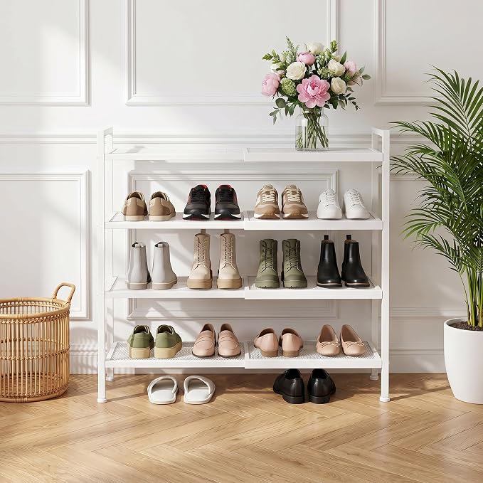 Shoe Rack, Expandable Shoe Rack for Closet, Adjustable Shoe Organizer for Entryway, Shoe Storage Organizer for Door Entrance, Garage, Bedroom (White, 4-Tier)