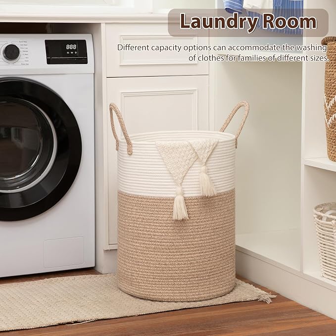 OIAHOMY Large Laundry Basket Hamper - 60L Cotton Rope Woven Basket for Blankets, Toys, Clothes - Tall Decorative Nursery Hamper with Long Handles, Brown/White