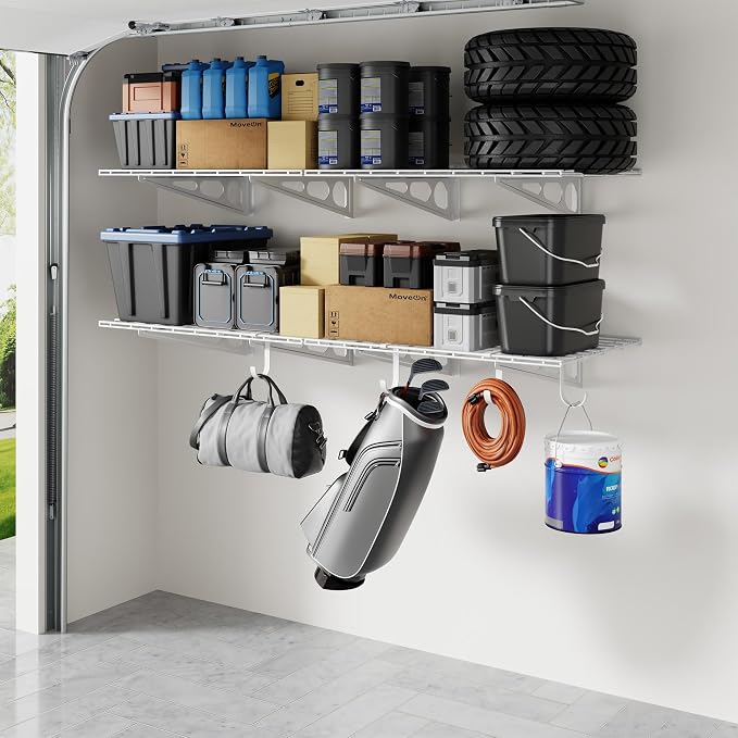 FLEXIMOUNTS 2-Pack Garage Shelving with Hooks, 2x6ft Storage Shelves, White | 24-inch-by-72-inch Wall Shelf Garage Storage Racks Floating Shelves, Rustproof Seamless Grid Design, Classic Series