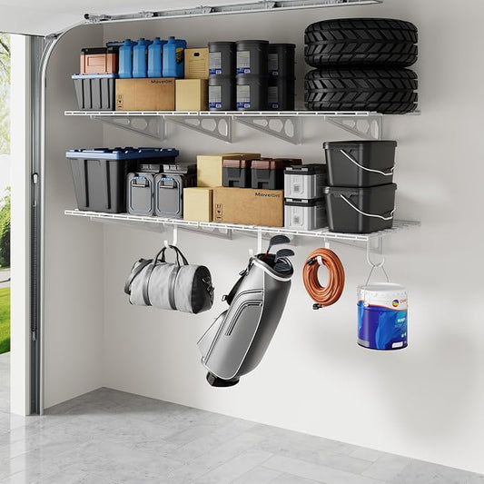 FLEXIMOUNTS 2-Pack Garage Shelving with Hooks, 2x6ft Storage Shelves, White | 24-inch-by-72-inch Wall Shelf Garage Storage Racks Floating Shelves, Rustproof Seamless Grid Design, Classic Series