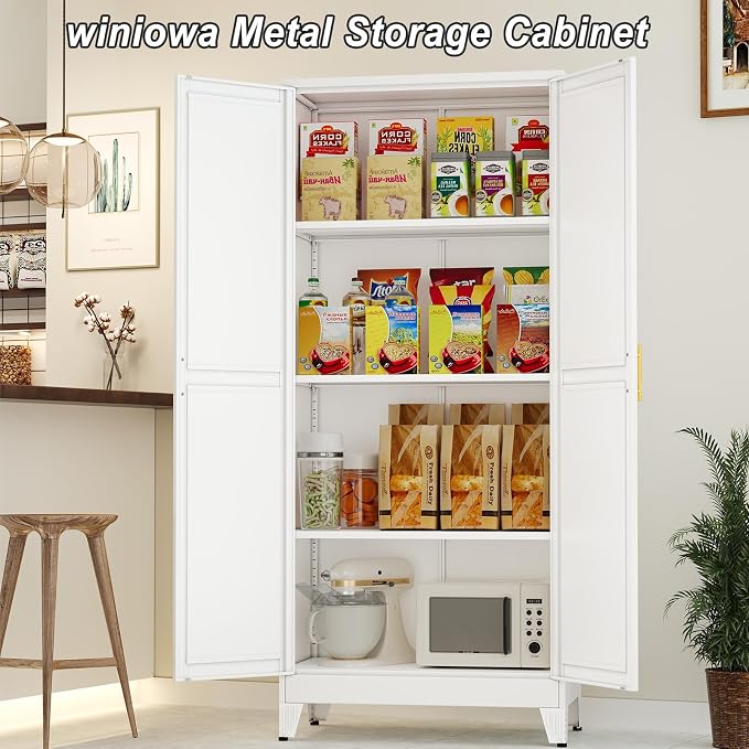 Winiowa Metal Pantry Cabinet with 2 Doors and Adjustable Shelves - 61" Kitchen Storage Cabinet with Gold Handles - Versatile Storage for Kitchen, Bathroom, Dining Room, Utility Room - White
