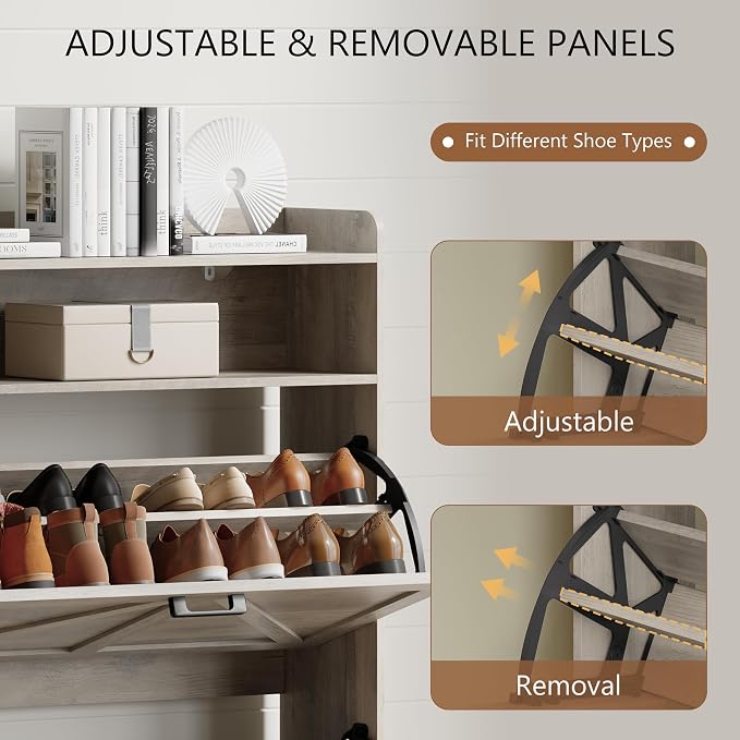 Shoe Cabinet with 2 Flip Drawers, Freestanding Hidden Shoe Storage Organizer for Entryway, Narrow Slim Shoe Rack Cabinet with Open Storage & Hooks for Front Door Entrance, Living Room, Hallway, Grey