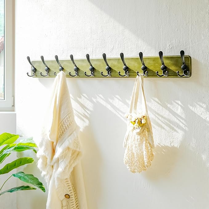 Coat Rack Wall - Heavy-Duty 38-1/4" Long, with Reinforced 10 Custom Tri-Hooks, Solid Wood Wall Hanger for Coats Hat Jackets - Rustic Farmhouse Entryway Hallway Storage, Weathered Green & Black