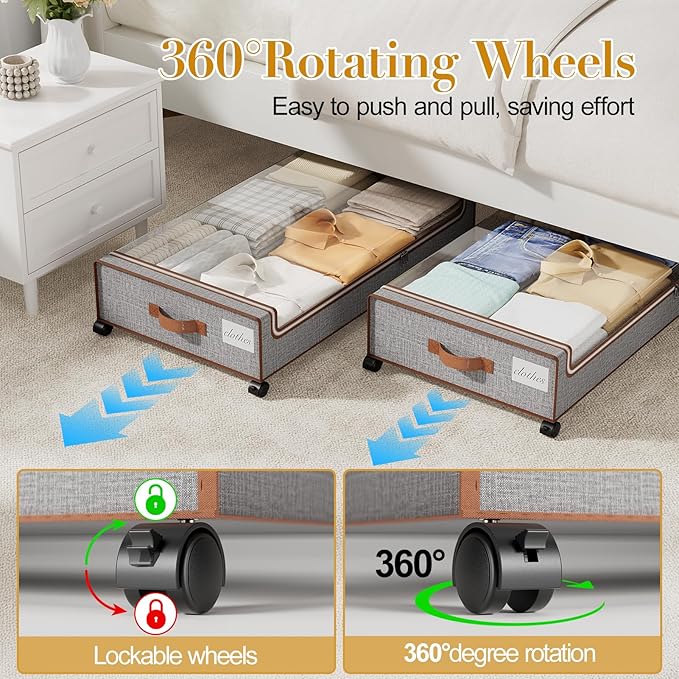 Yecaye Under Bed Storage with Wheels, 4 Pack Under the Bed Storage Containers with Lids & Label, XXL 60 L Rolling Underbed Storage Drawers for Clothes, Blankets, Shoes